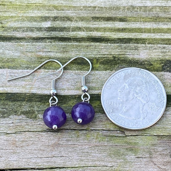 Amethyst glass bead earrings 8 mm faceted amethyst round ball dangles - Picture 4 of 6